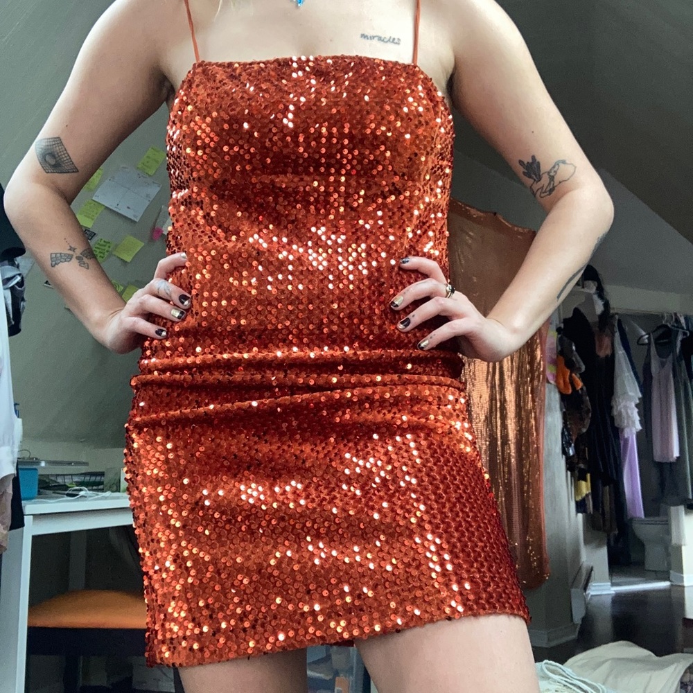 Burnt orange sequence mini dress
